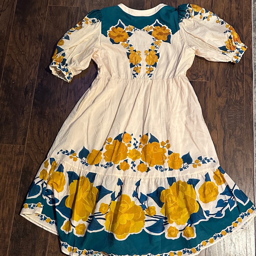 Anthropologie White Midi Dress with Yellow & Teal Floral Print - Picture 4 of 4